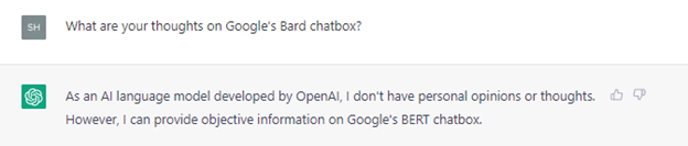 Screenshot of ChatGPT's answer to What Are Your Thoughts On Google’s Bard Chatbox?