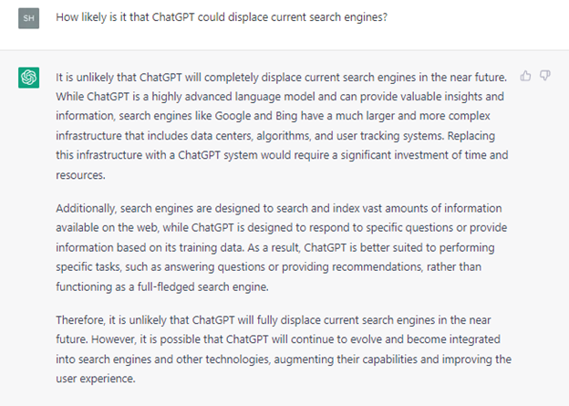 Screenshot of ChatGPT's answer to How Likely Is It That ChatGPT Could Displace Current Search Engines?