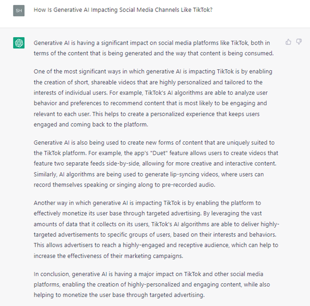 Screenshot of ChatGPT's answer to How Is Generative AI Impacting Social Media Channels Like TikTok?