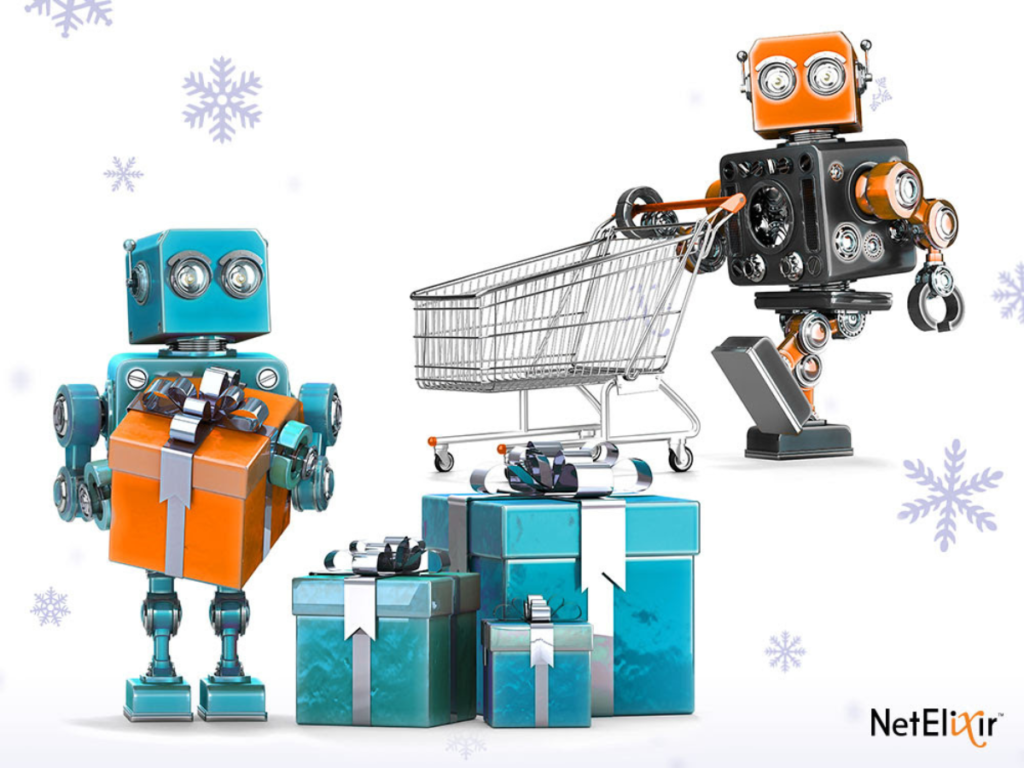 Robots interacting with presents and a shopping cart