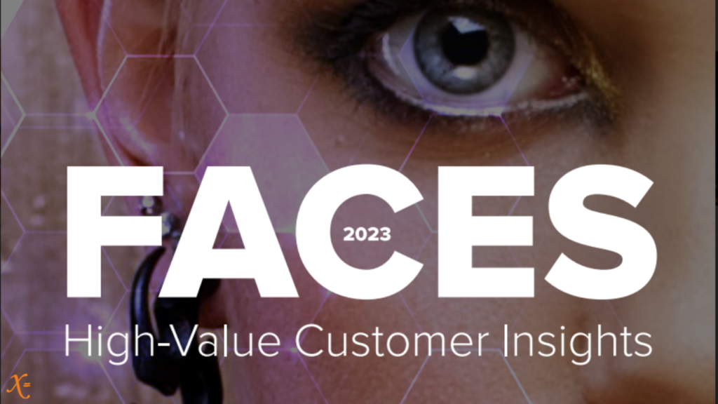 Close up of woman's eye with overlay text reading FACES 2023: High-Value Customer Insights