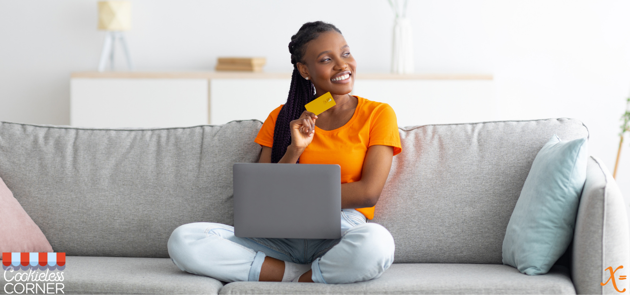 Young woman happily online shopping with a loyalty program