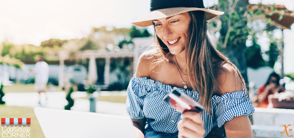 Woman online shopping outdoors