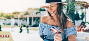 Woman online shopping outdoors
