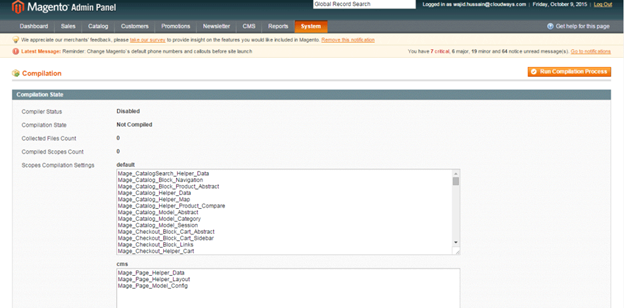 Screenshot of Magento website to run compilation process