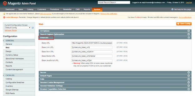 Screenshot of Magento system > configuration > web order to open site through www