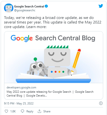 Screenshot of May 2022 Google Core Update announcement