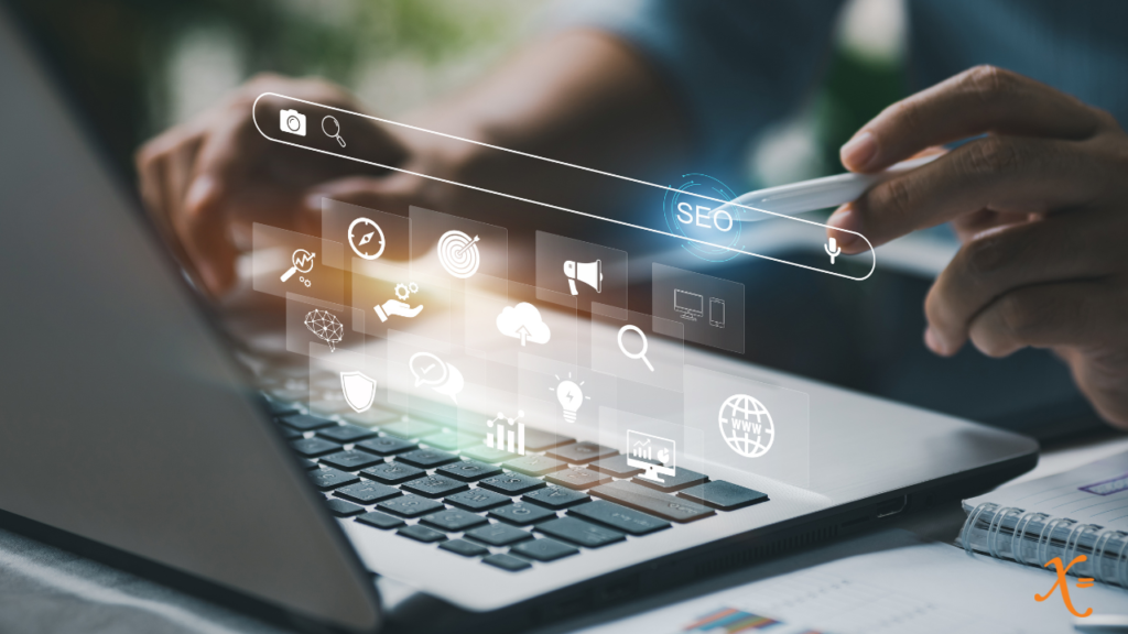 person on laptop with SEO and other digital marketing terms in a flow chart