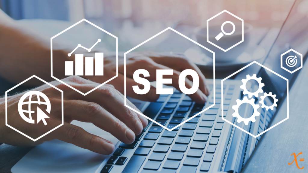 person on laptop with overlay of SEO icons