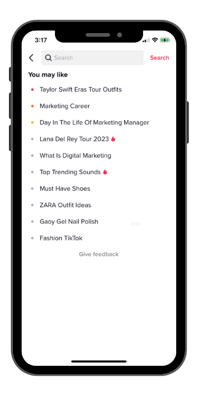 Screenshot of TikTok's search bar, with you may like recommendations