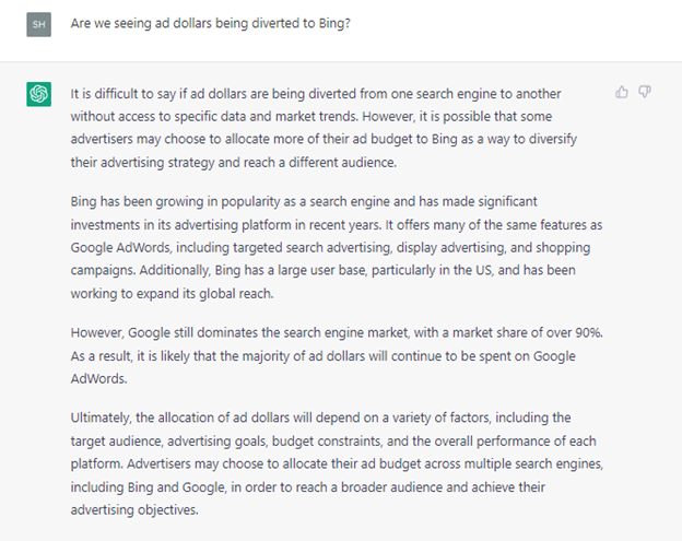 Screenshot of ChatGPT's answer to Are We Seeing Ad Dollars Being Diverted To Bing?