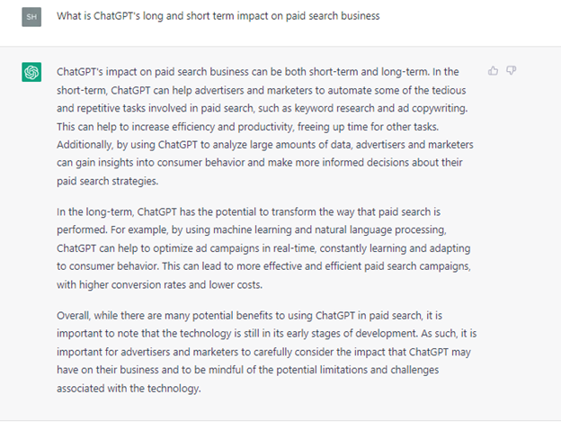 Screenshot of OpenAI's ChatGPT answer to What Is ChatGPT’s Long- and Short-Term Impact On The Paid Search Business?