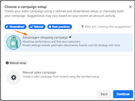 Screenshot of campaign setups for your Advantage+ Shopping campaign