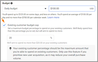Screenshot of advantage+ shopping campaign budget parameters