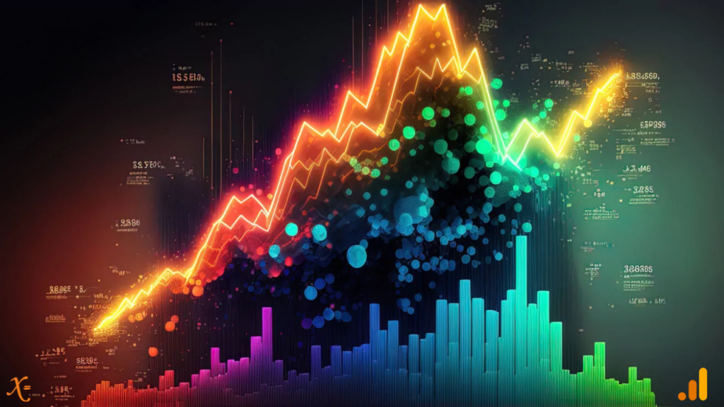 Colorful data in a bar graph, line graph, and a dot plot trending upwards, with NetElixir's and Google Analytics 4's logo in each bottom corner