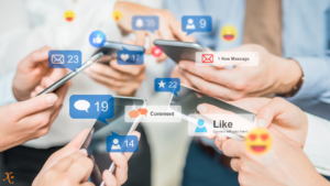 Group of people holding their phones close together with an overlay of notifications from social media platforms