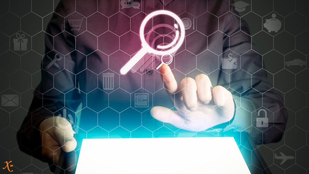 Person clicking on search icon floating above a brightly lit screen
