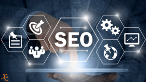 Overlay of SEO icons on top of an image of a person tapping on a tablet.