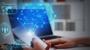Representing AI Marketing with blue holograms of marketing icons hovering over a phone in someone's hand